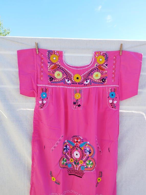 Mexican pink dress * CHILAC * , size XL, hand embroidery, vintage Mexican dress, bohemian style, ethnic clothing, spring summer, mom gift
