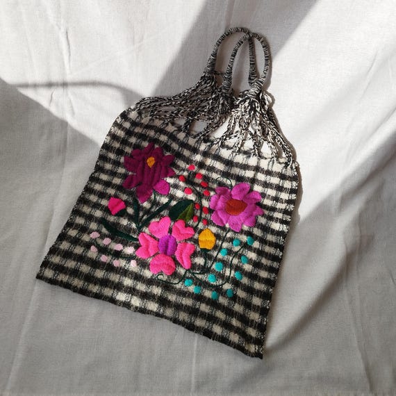 Hand embroidered wool Vichy bag. HAMMOCK. winter bag. bohemian style bag. mexican bag. plaid tote bag. vintage 60s bag