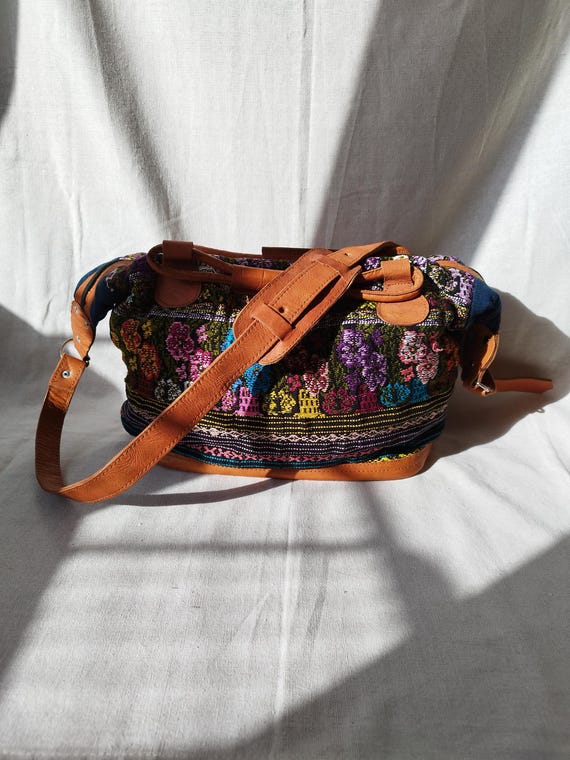 mexican travel bag leather and embroidered textile, weekender mexican bag