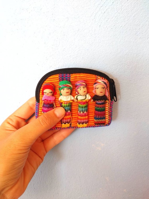 boho coin Purse, Small Bohemian fabric coin Purse, Mexican Orange Zipper coin Purse, Ethnic coin Purse, Cloth Doll coin Purse,