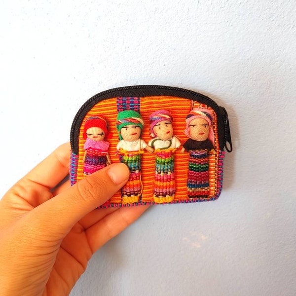 Monedero tela para mujer, monedero bohemio pequeño , monedero mexicano con cremallera naranja, monedero étnico, monedero con muñecas de tela