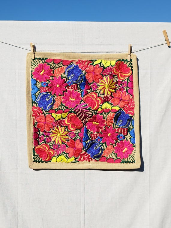 beige floral cushion cover. SAN CRISTOBAL. Mexican floral pillow. Bohemian style decorative pillowcase. embroidered mexican cushion cover
