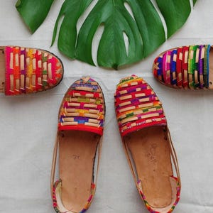 mexican rainbow sandals size 37.5 na, natural leather, textile sandals, vintage and bohemian sandal, gift for hippie girl