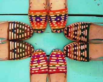 woman sandals * HUARACHES * rainbow moccasins, size 35 EU, natural leather / textile sandals, vintage sandals, bohemian sandals, handmade