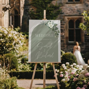 Sage Wedding Welcome sign template, sage wedding welcome board, Eucalyptus Wedding sign, Floral wedding sign, editable canva wedding sign