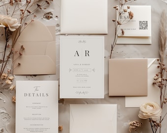 Minimalist wedding invitation template, simple Wedding Bundle, QR code Editable modern wedding template, wedding invite INSTANT Download