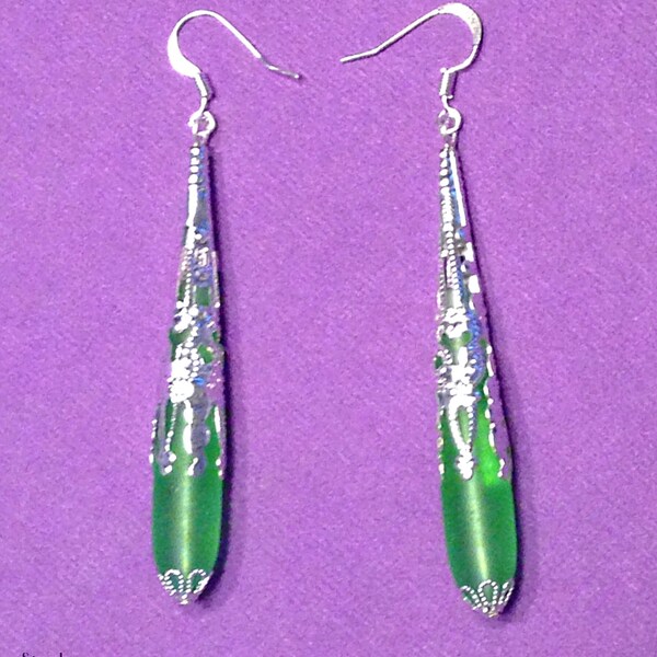 Miss Fisher's Celery Green Sea Glass Silver Lace Teardrops