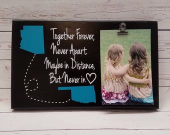 Long Distance Picture Frame gift with States! Gift for friend, sister, grandma, wood photo board, picture clip, Together Forever Never Apart