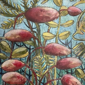 Pintura en acrílico sobre cartulina maciza como pieza única, flores de musgo serie musgos y líquenes