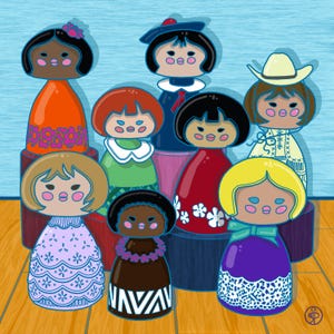 May include: Illustration of nine stylized wooden dolls with various skin tones, hairstyles, and outfits. The dolls are arranged in a group, each with a unique design, including floral patterns, sailor attire, and a cowboy hat. The background is a light blue.