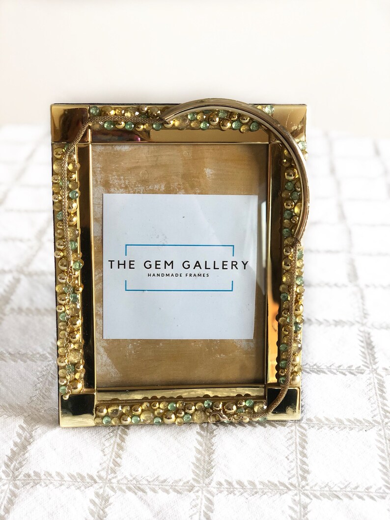 Jade Green Jeweled Frame Embellished Gold Photo Brass Picture 5x7 Living Room Decor Gatsby Wedding