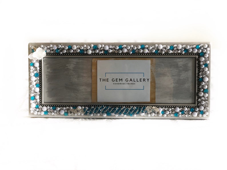 Aqua Jeweled Frame Fits 4x12 photo Panoramic Picture Frame Pewter Picture Frame Embellished Frame Wedding Table Decor,Gatsby Wedding,