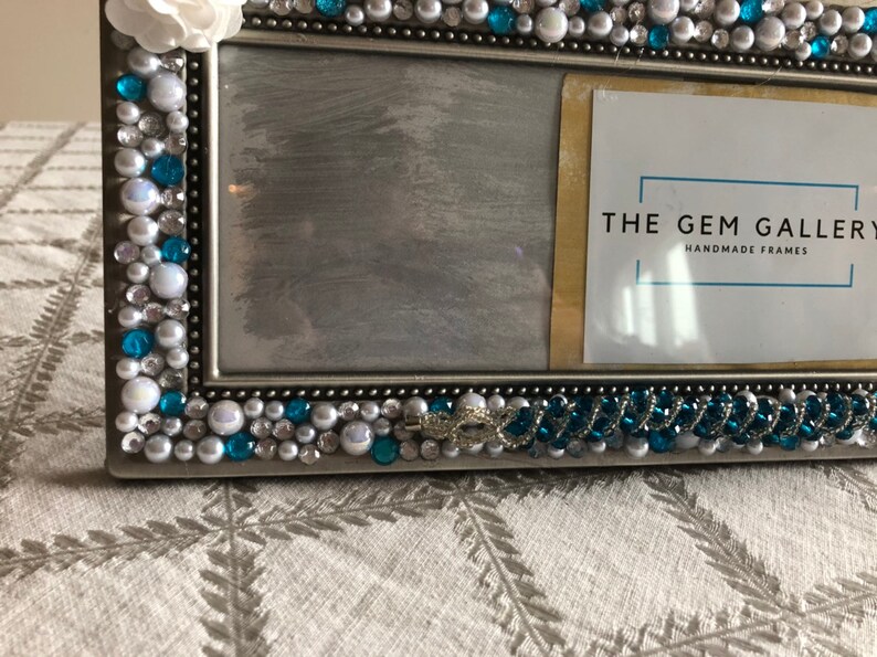 Aqua Jeweled Frame Fits 4x12 photo Panoramic Picture Frame Pewter Picture Frame Embellished Frame Wedding Table Decor,Gatsby Wedding,