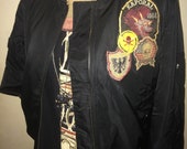 Up- cycled, Hand Patched Black Satin Bomber Jacket, Misses Size Medium, Quilted Lining