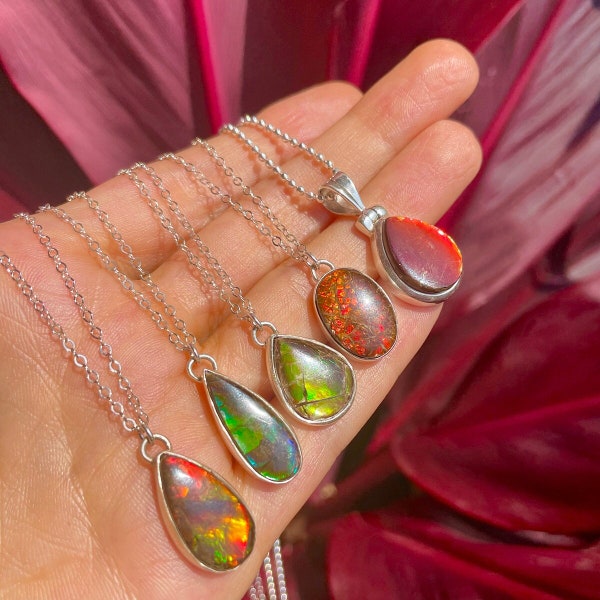 Ammolite Opal Fossil Necklace/925sterling silver ring/natural authentic Canadian ammolite/handmade necklace/rare fossil gemstone pendant