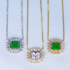 baguette crystal sunray necklace / cubic zirconia / flower pendant / adjustable necklace / 925 sterling silver / diamonds emerald look