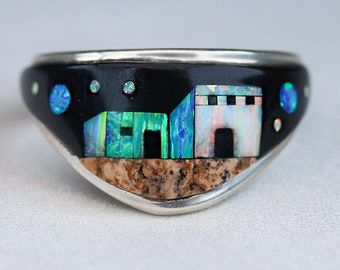 Detailed Night Vintage Native American Navajo Heavy Sterling Silver Opal Ring Detailed Night Vintage Native American Navajo Heavy Sterling Silver Opal Ring