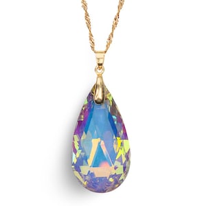 Swarovski Stunner Necklace / Faceted Aura Rainbow Swarovski Crystal / Handmade in the USA / 14k Gold Plated Stainless Steel / waterproof