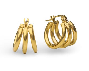 18k Gold Plated Triple Hoop Earrings - Tarnish Free