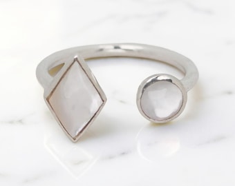 Geo Mother of Pearl Ring, Adjustable Sterling Silver Band