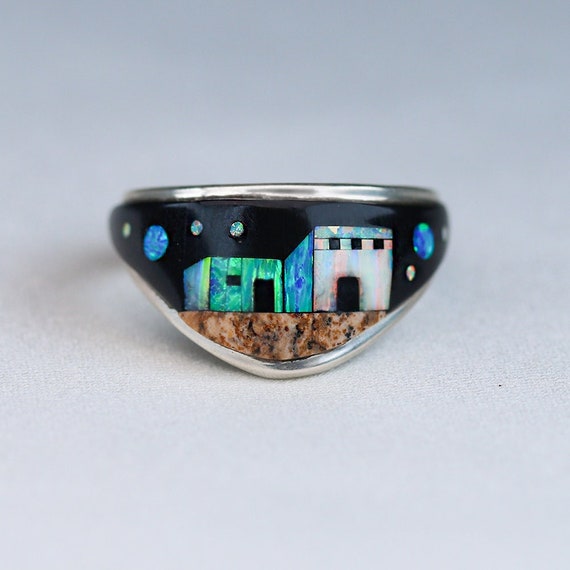 Desert Night Sky Zuni Turquoise Native American Jewelry Silver Sterling Ring Desert Night Sky Zuni Turquoise Native American Jewelry Silver Sterling Ring
