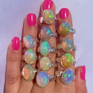 Opal Crystal Ball Ring size 5,6,7,8,9,10/ natural large ethiopian opal ring / ethical opal rainbow bezel cabochon / 925 sterling silver