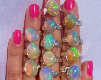 Opal Crystal Ball Ring size 5,6,7,8,9,10/ natural large ethiopian opal ring / ethical opal rainbow bezel cabochon / 925 sterling silver