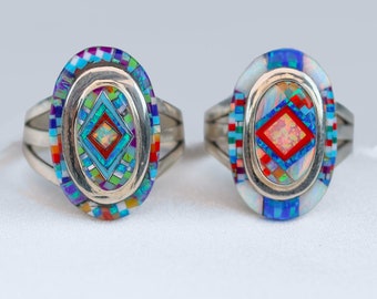 Anillo de micromosaico enmarcado / Anillo con incrustaciones de mosaico / Joyería indígena hecha a mano / Joyería nativa americana / Plata de ley 925 / Micro Zuni