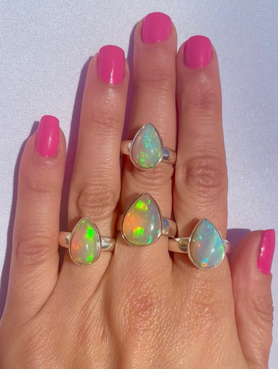 Size 9 Teardrop Ethiopian Opal Ring, Sterling Silver, Handmade