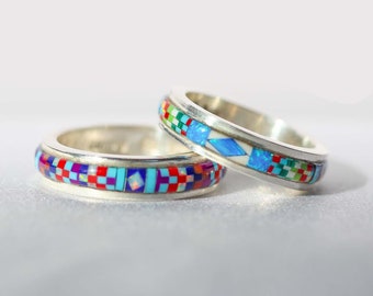 Anillo de mosaico Zuni de plata de ley, talla 7, hecho a mano, con incrustaciones de ópalo de laboratorio.