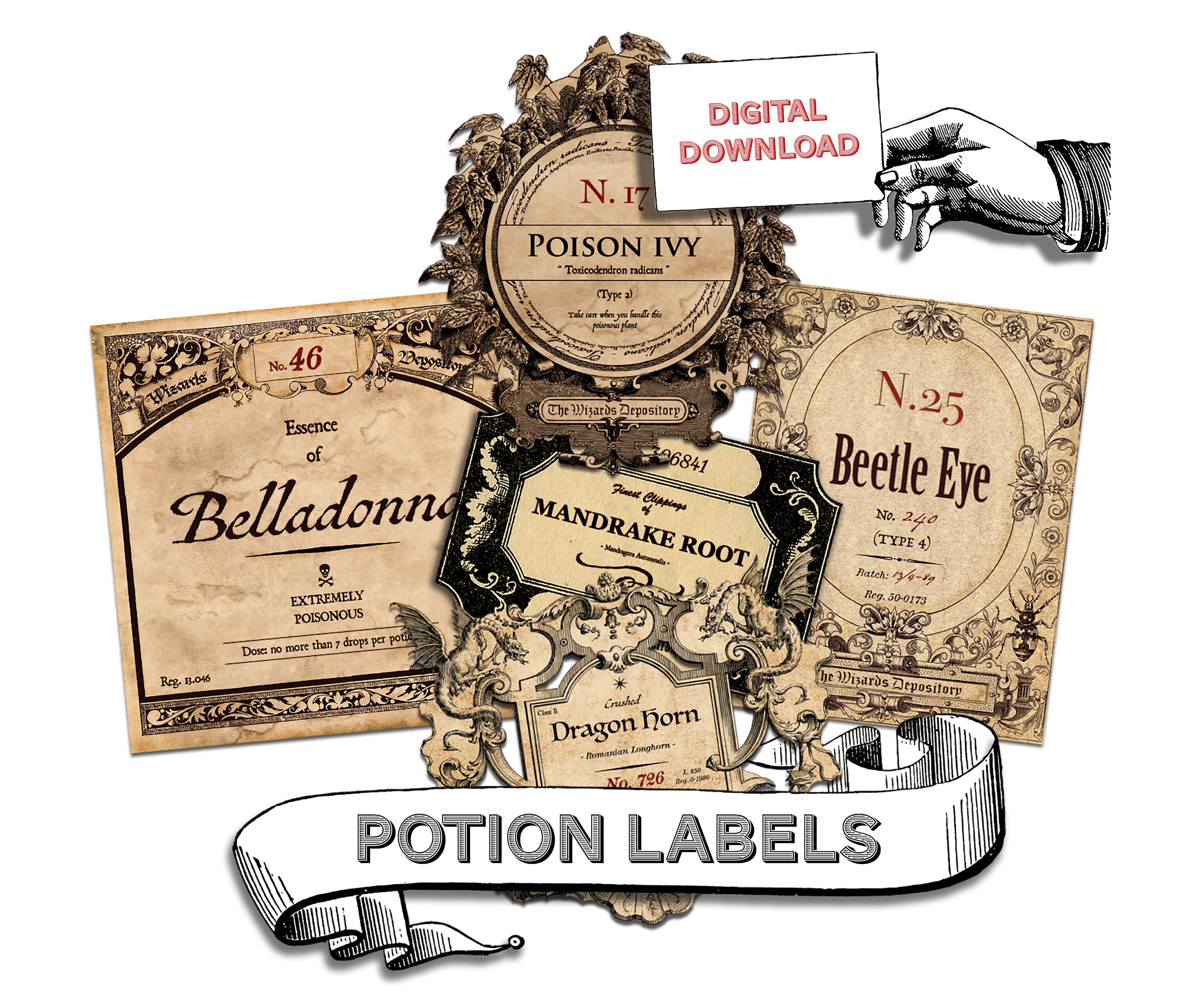 Printable Potion Ingredient Labels, Digital Download, Vintage Apothecary Labels, Halloween ...