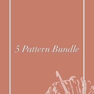 May include: A peach-coloured background with a white border. The text "5 Pattern Bundle" is in the centre of the image. A white outline of a ball of yarn with a needle is in the bottom right corner.