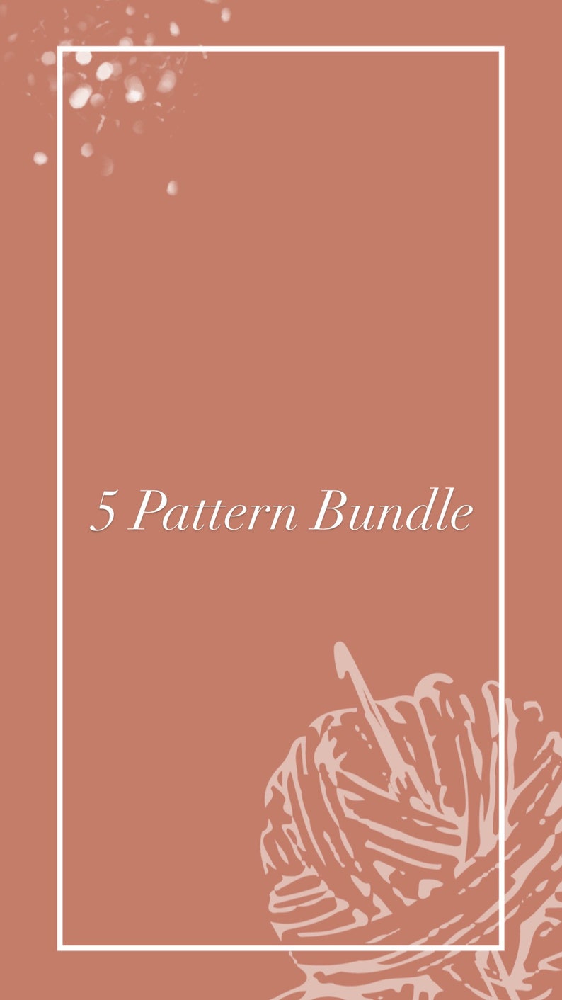 May include: A peach-coloured background with a white border. The text "5 Pattern Bundle" is in the centre of the image. A white outline of a ball of yarn with a needle is in the bottom right corner.