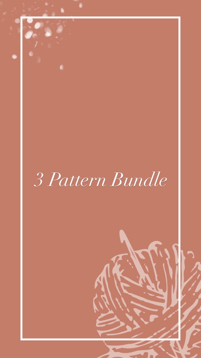 May include: A peach-colored background with a white border. The text "3 Pattern Bundle" is in the center of the image. A white outline of a ball of yarn with a needle is in the bottom right corner.