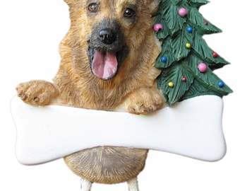 German Shepherd Ornament Personalized with your Dog's Name, Hand Painted with a brush, Measures 5 1/2" tall by 3 1/2" wide