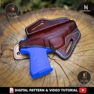 May include: A brown leather holster with a blue handgun inside. The holster is stitched with light-colored thread and has a dark brown finish. The image includes the text "DIGITAL PATTERN & VIDEO TUTORIAL".
