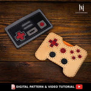Skórzany uchwyt na karty ze wzorem - Mini portfel ze wzorem - Retro Game Controller