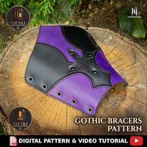 May include: A leather bracer featuring a color-blocked design of purple and black panels. The piece includes a central black cross-shaped overlay secured with rivets, and a series of metal eyelets along the edges for lacing. Text reads GOTHIC BRACERS PATTERN.
