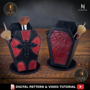 Patrón de portabrochas de maquillaje de ataúd de cuero / Plantilla de telaraña gótica con forma de ataúd / PDF DXF SVG