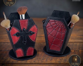 Leather Coffin Makeup Brush Holder Pattern | Gothic Coffin-Shaped Spider Web Template | PDF DXF SVG