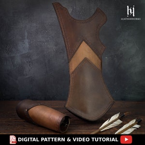 May include: A brown leather quiver with a tan leather accent and decorative stitching. The quiver is on a wooden surface with two arrows. The text "DIGITAL PATTERN & VIDEO TUTORIAL" is at the bottom of the image.