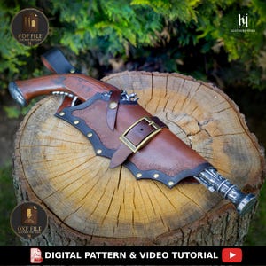 May include: A brown leather holster with a decorative design, metal accents, and a buckle. The holster is designed to hold a pistol. The image also includes the text "PDF FILE LEATHER PATTERN" and "DXF FILE LEATHER PATTERN".