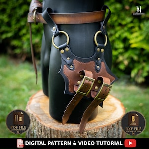 Peut inclure: Un fourreau de hanche en cuir marron et noir, avec des boucles et rivets en laiton. Le design comprend une boucle de ceinture et deux sangles suspendues. Le texte "DIGITAL PATTERN & VIDEO TUTORIAL" est également présent.
