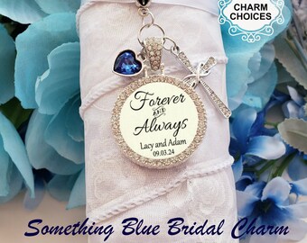 Something Blue, Wedding Bouquet Wedding Date Cross Charm, Bride and Groom's Name, Brooch Pin, Gift for the Bride, Bridal Shower Gift