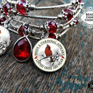 When a Cardinal Appears, Memorial Memory Wire Beaded Wrap adjustable Charm Bracelet, Red Bird Cardinal, Mother's Day Gift for Loved One