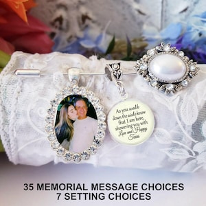 Wedding Bouquet Photo Memorial Memory Charm, Pearl Pin to Attach, Quote Choice, Gift for the Bride, Loved One Memory