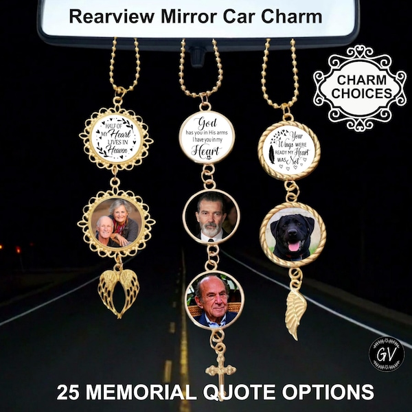 Memorial Photo Rear View Mirror Car Memorial Charm, Gold Angel Wings, Quote Choice, Custom Ornament Hanger Charm, Sympathy Funeral Gift