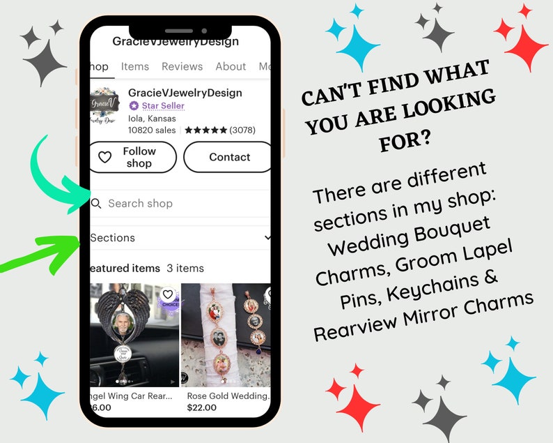 May include: Screenshot of an Etsy shop page for GracieVJewelryDesign. The shop offers a variety of jewelry, including wedding bouquet charms, groom lapel pins, keychains, and rearview mirror charms. The image shows a selection of featured items, including a car charm with angel wings and a set of three charms with rose gold accents.