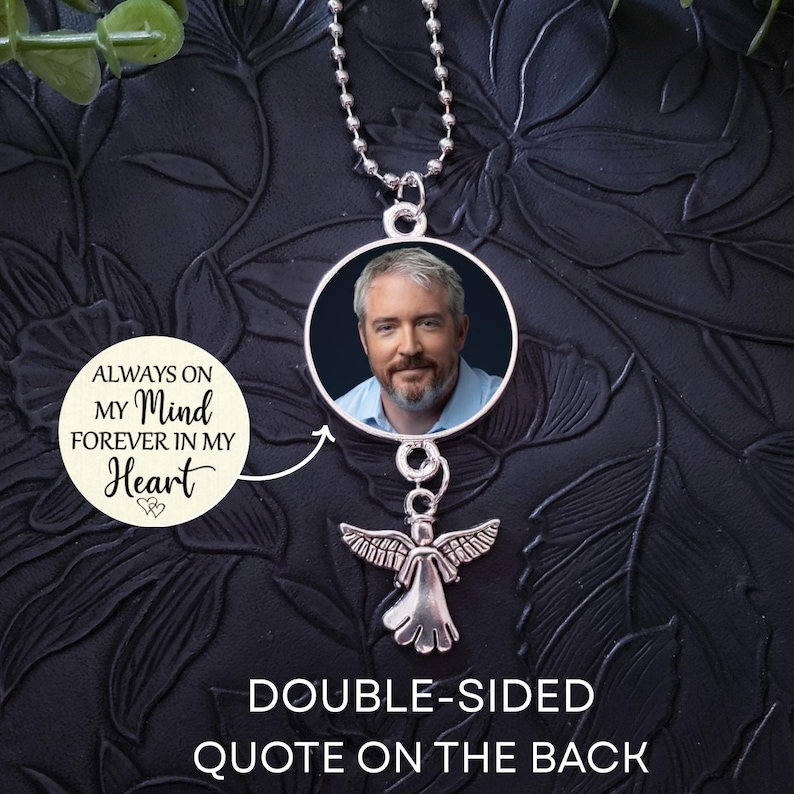 Car Rear View Mirror Photo Memorial Charm, Choose Your Quote, Custom Ornament Hanger Charm, Double Sided Photo Bild 3