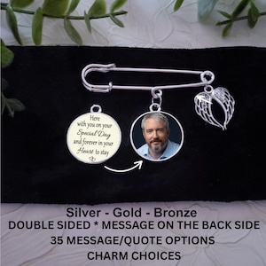 Groom Photo Memorial Boutonniere Lapel Pin, Double Sided, Message Charm, Wedding Day Gift, Bridal Wedding Bouquet Charm, Groom Gift